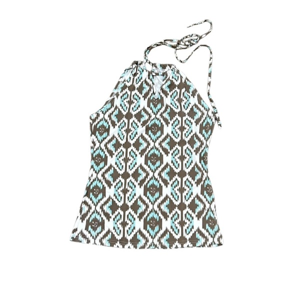 Ellie Kai taupe & aqua diamond  print halter sleeveless stretchy top back tie xs - Picture 2 of 8